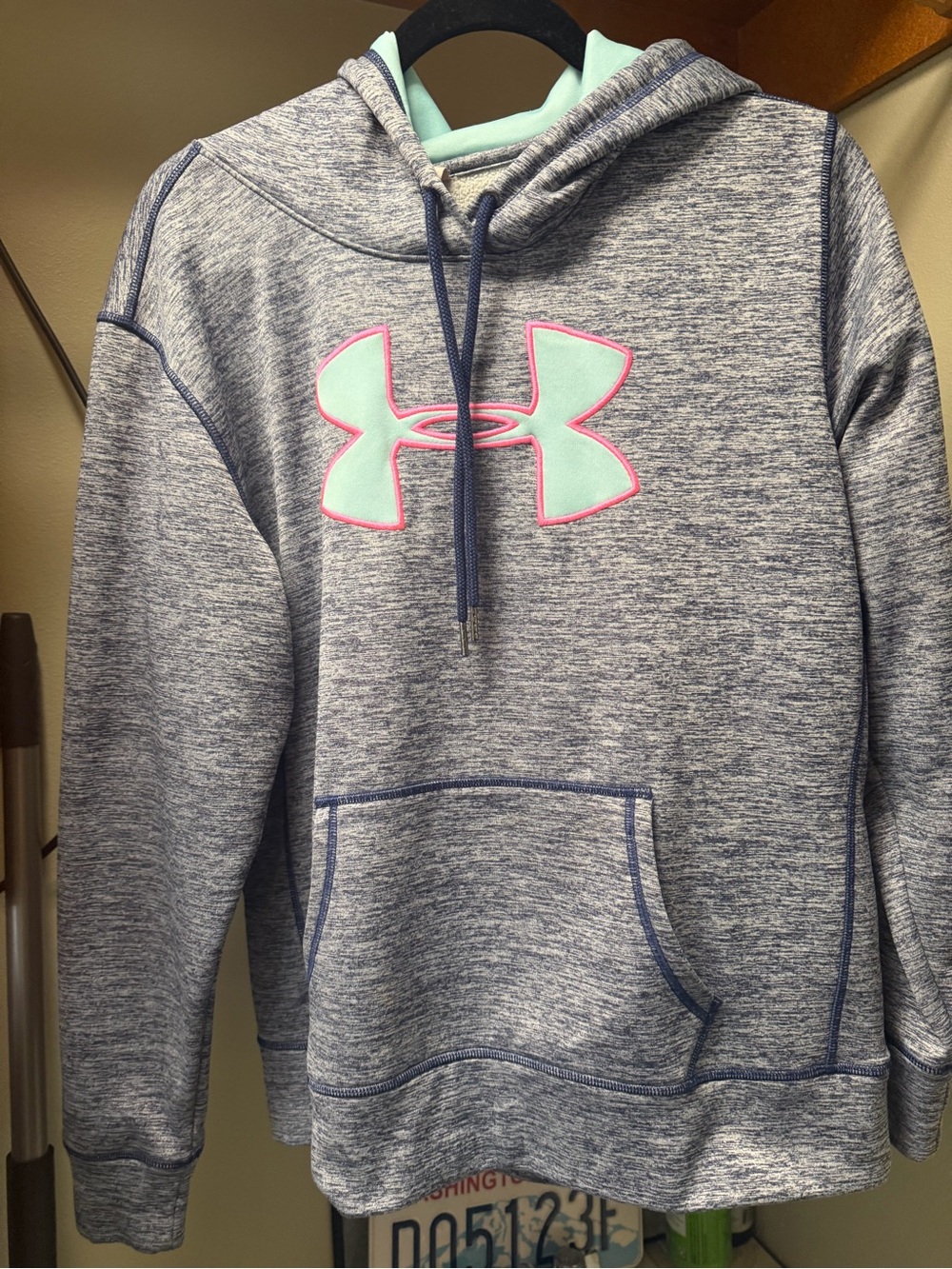 Under Armour Heathered Gray Pullover Hoodie with Mint & Pink Logo